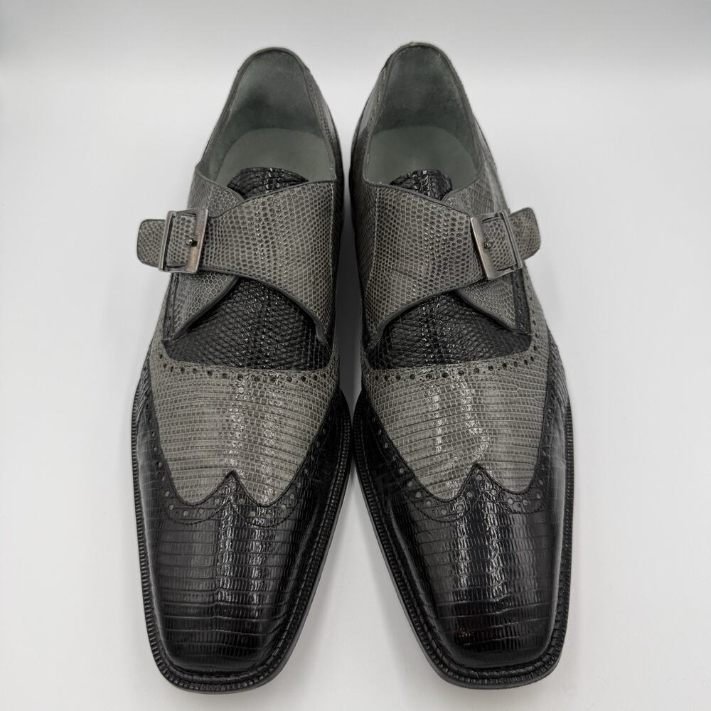 Belvedere 11.5 Lizard Skin Monk Strap Dress Shoes Gray Black Square Toe - Picture 2 of 13